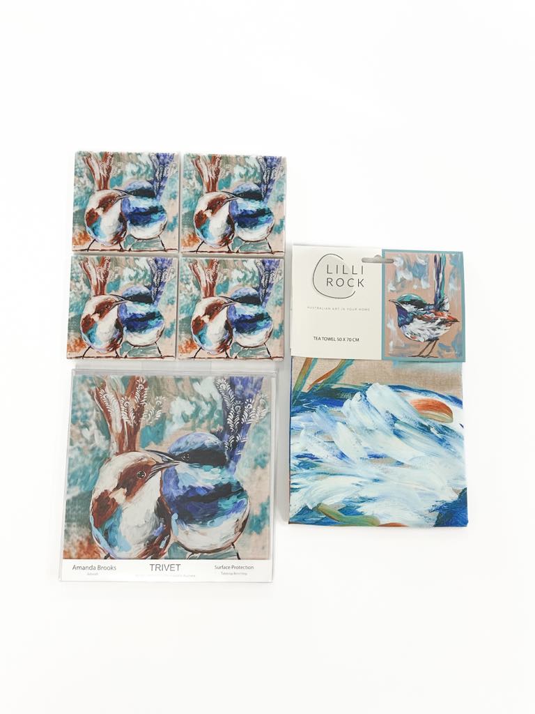Australian Art Kitchen Set | Tea Towel, Trivet + Coasters | By Amanda Brooks