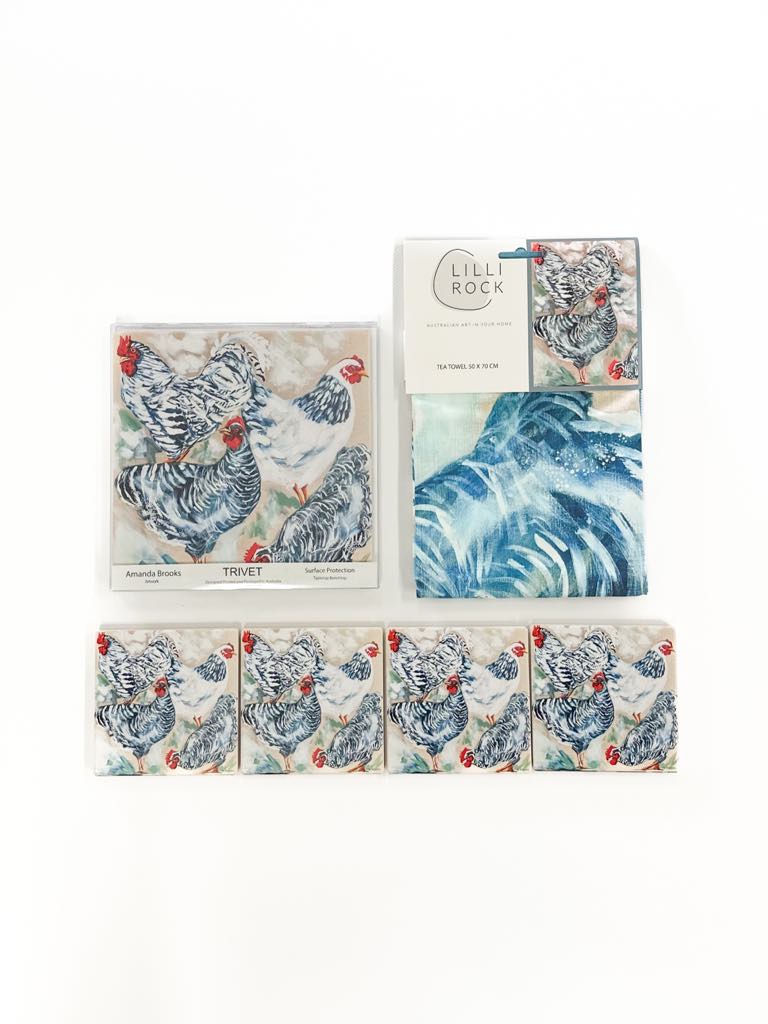 Australian Art Kitchen Set | Tea Towel, Trivet + Coasters | By Amanda Brooks