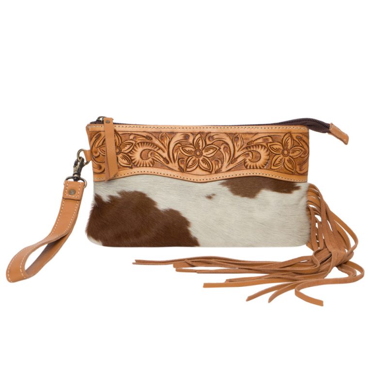 Salvador Cowhide Clutch with Tooling Details and Tassels