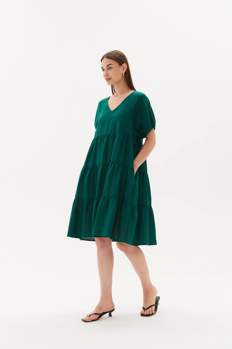Tiered Linen Dress | Emerald Green
