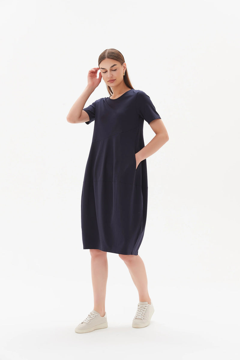 Short Sleeve Diagonal Seam Dress | Dark Navy