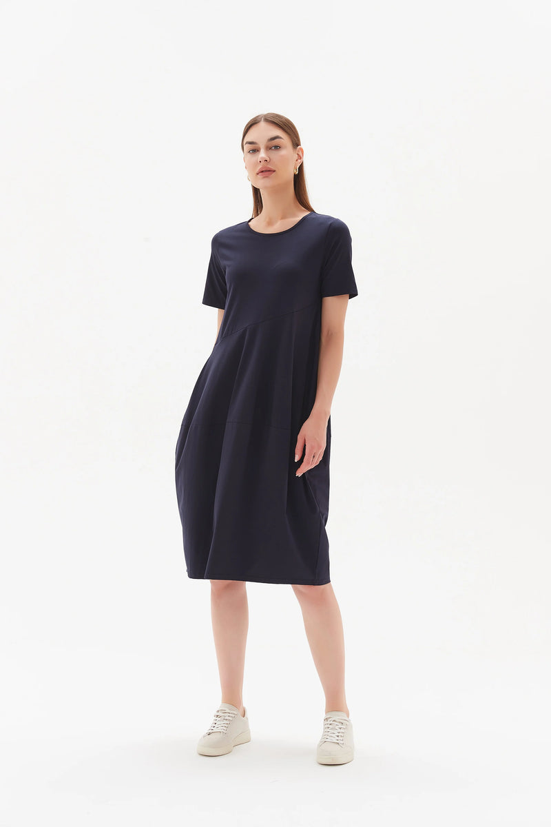 Short Sleeve Diagonal Seam Dress | Dark Navy