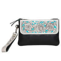 Cairo Hand Carved Tooling Leather Small Clutch with Turquoise Base