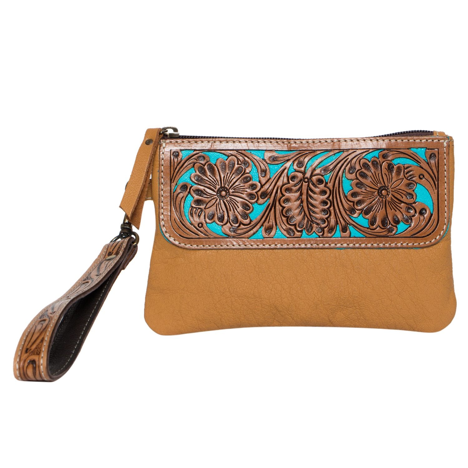 Cairo Hand Carved Tooling Leather Small Clutch with Turquoise Base