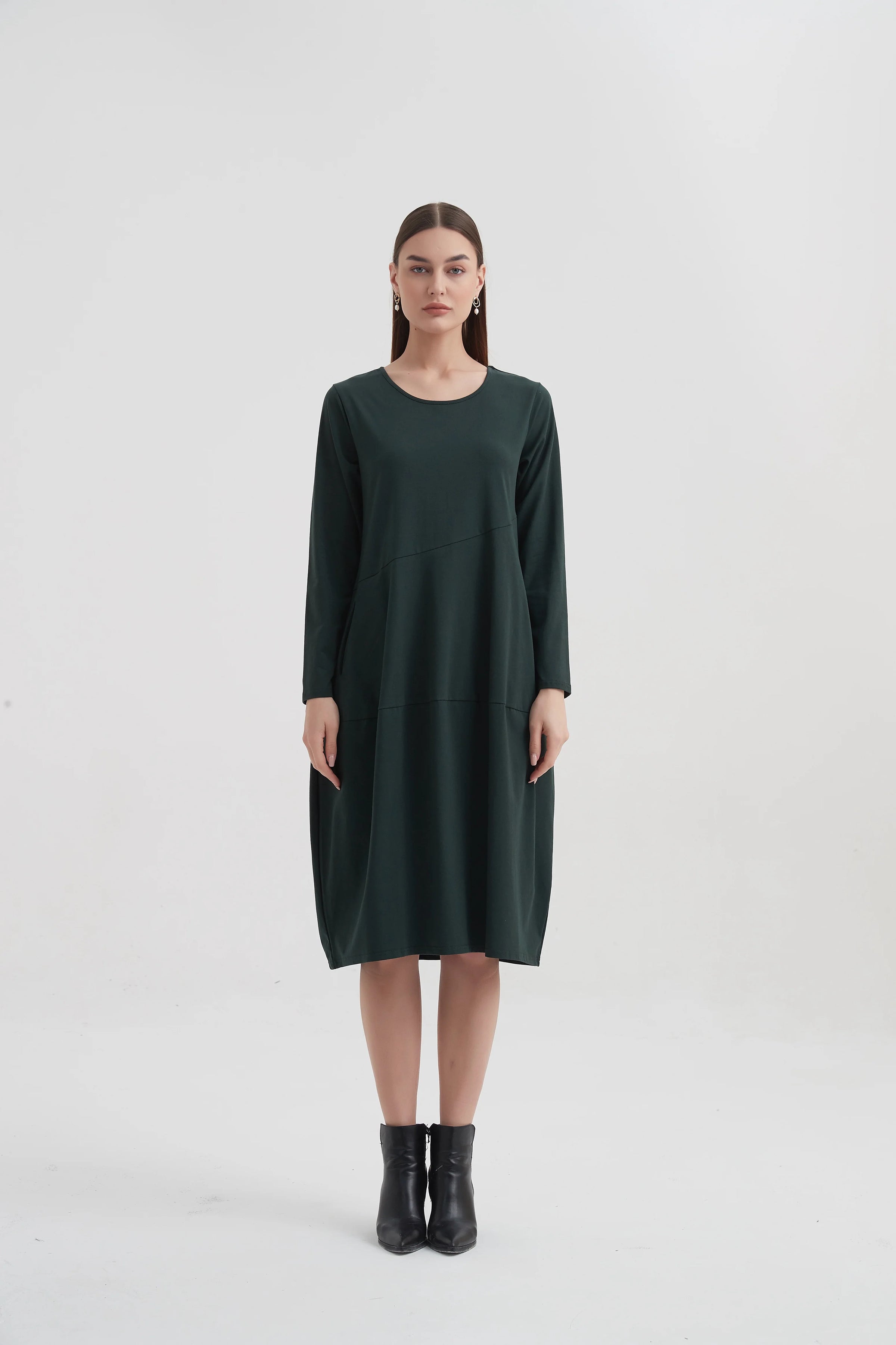 Long Sleeve Diagonal Seam Dress | Deep Green