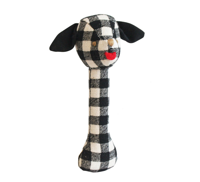 Puppy Stick Rattle | Black Check Linen