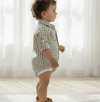 Baby Boys Oxford Dress Shirt Romper | Tan Check