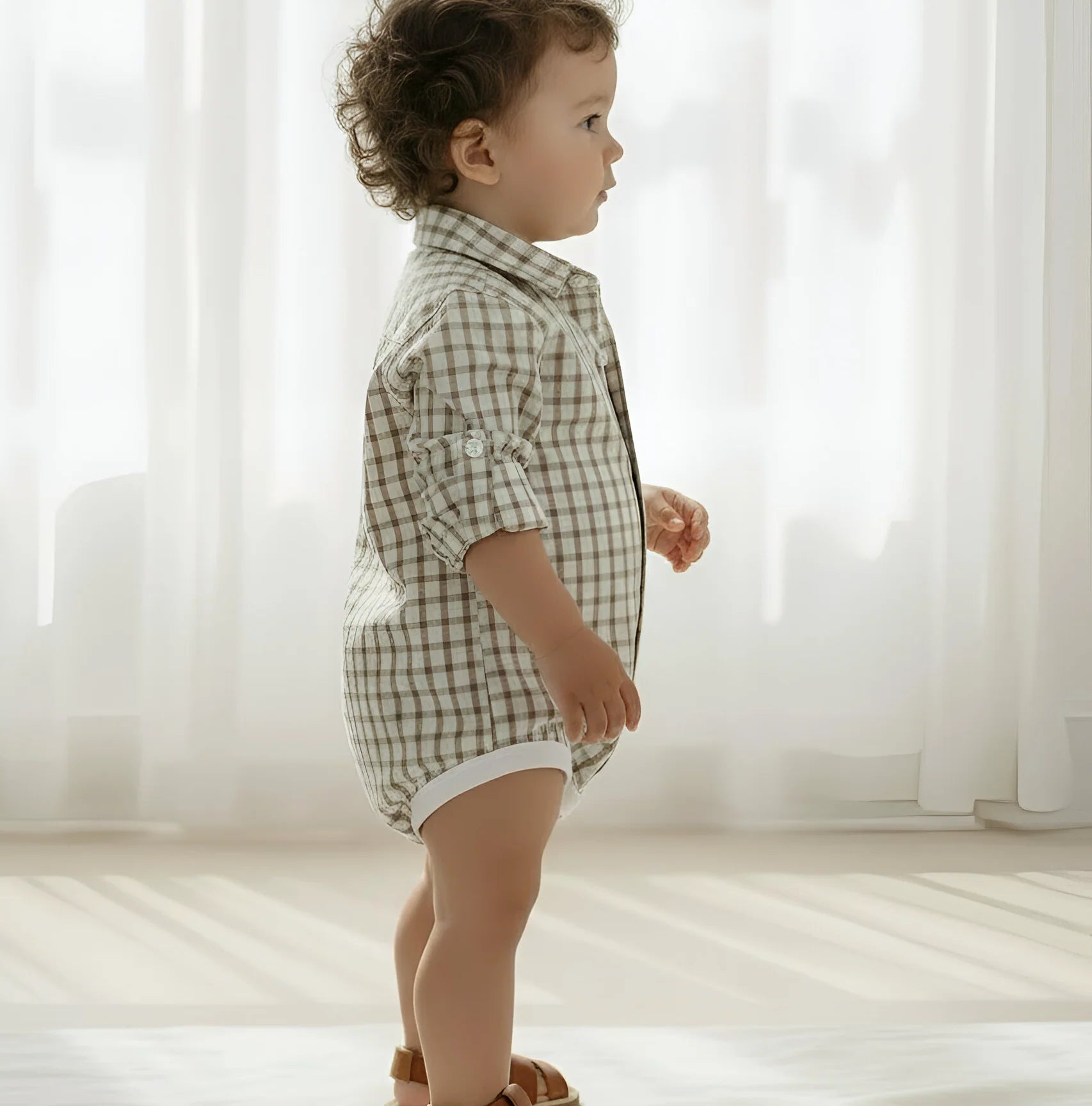 Baby Boys Oxford Dress Shirt Romper | Tan Check