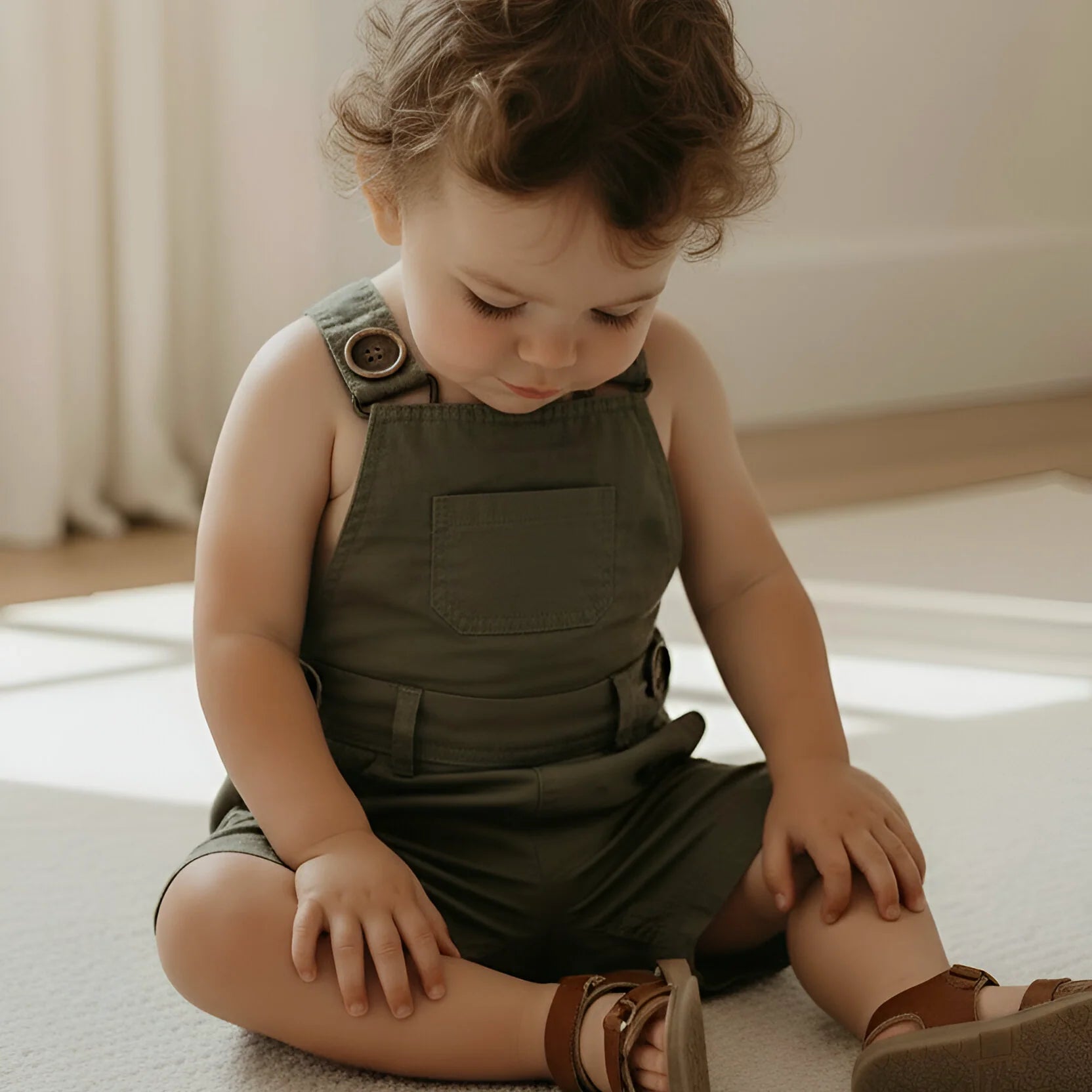 Baby Boys Roy Dungaree | Olive Brown Linen