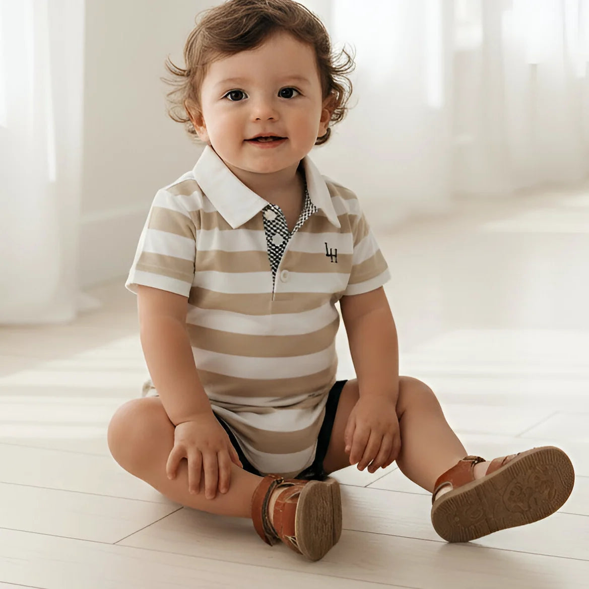Baby Boys Rugby Polo Romper | Beige Stripe