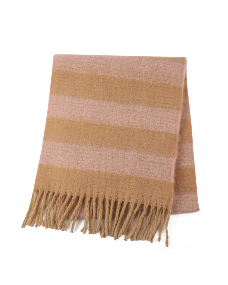 Striped Winter Scarf in Tan & Soft Pink