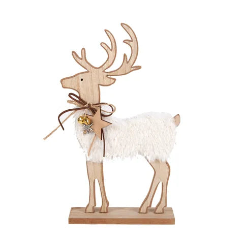 Furry Deer Decoration Wood | Brown/White