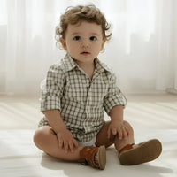 Baby Boys Oxford Dress Shirt Romper | Tan Check