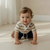 Baby Boys Rugby Polo Romper | Beige Stripe