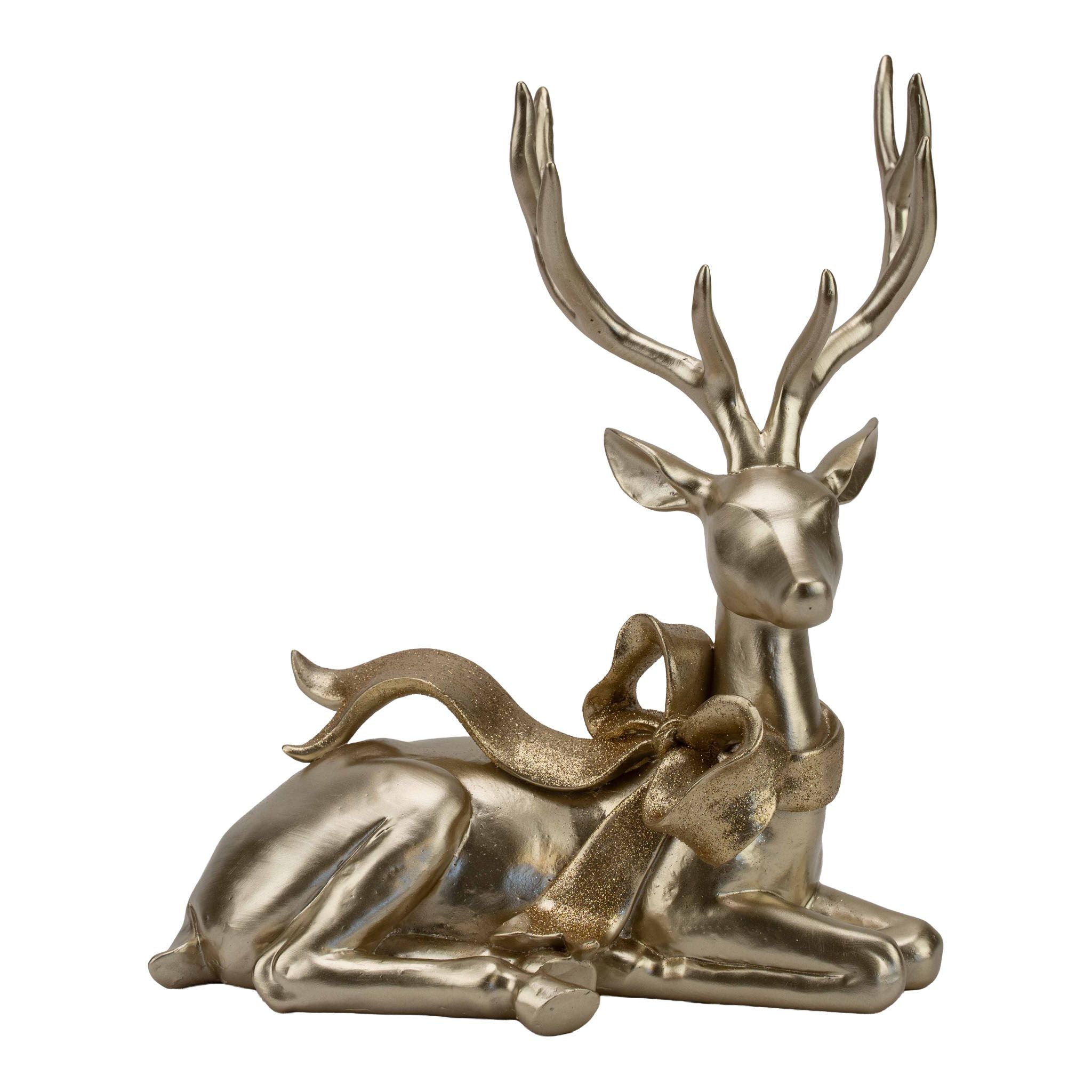27cm Champagne Sitting Deer with Bow