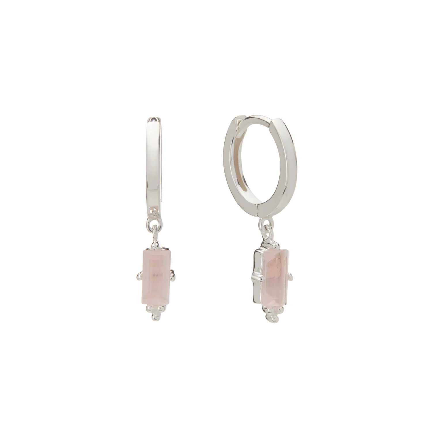 Huggie with Hanging Rose Quartz Baguette | Sterling Silver