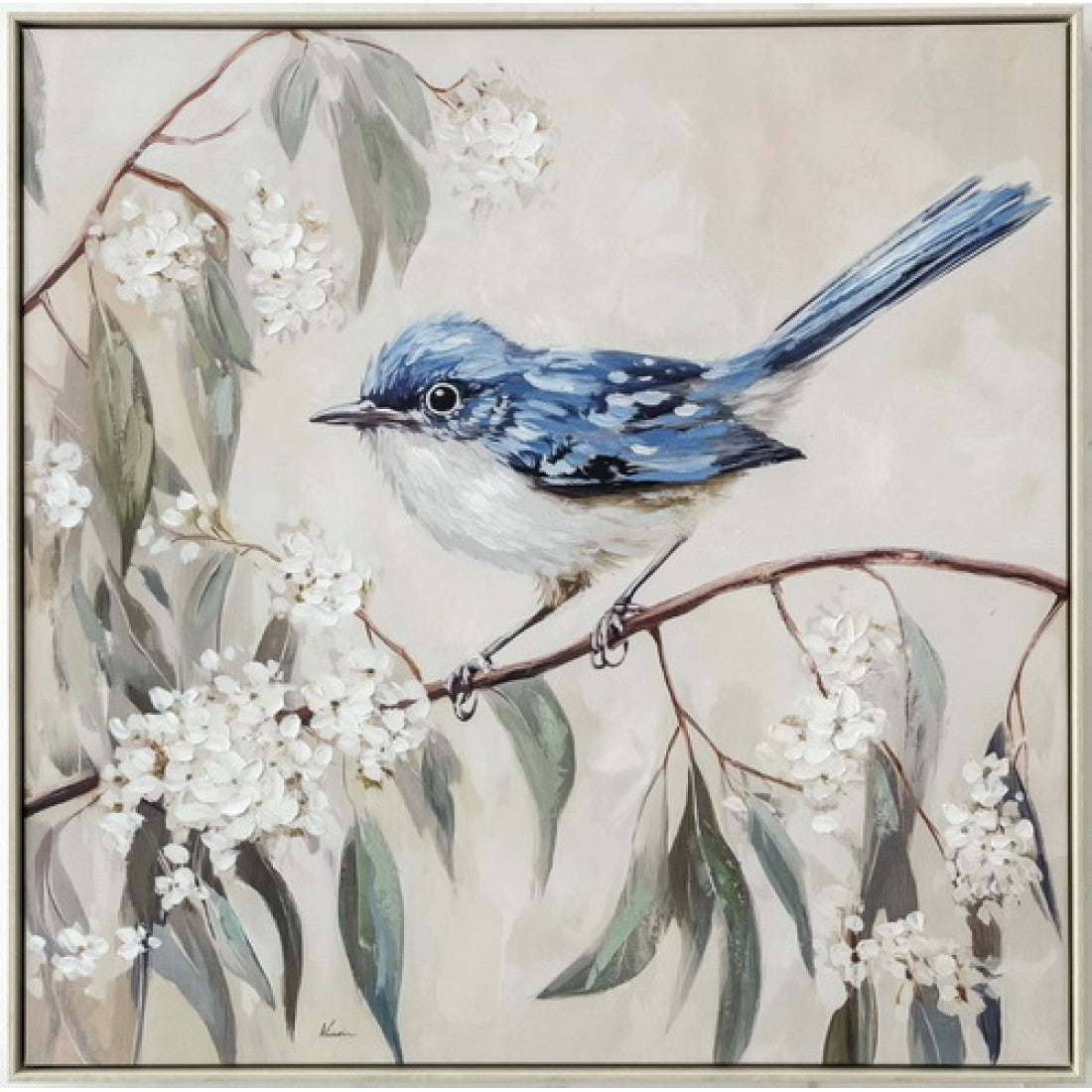 Blue Bird Hand Painted Canvas Print in Frame