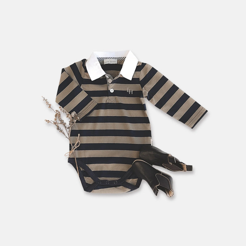 Baby Boys Freddie Polo Romper | Olive Stripe
