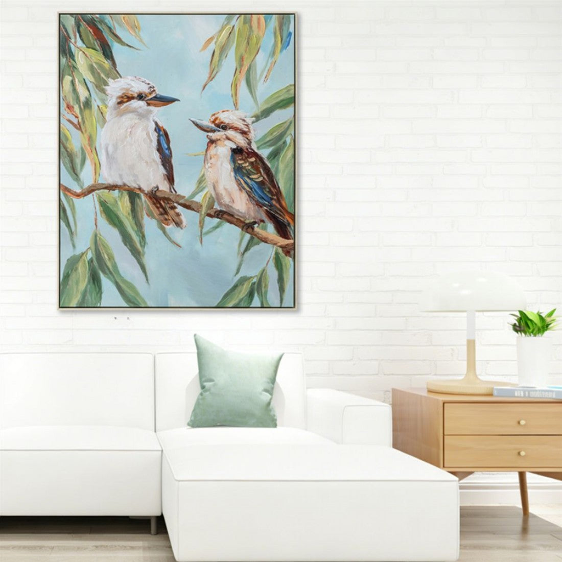 Kookaburra Pair Colourful Painted Canvas | Framed Vertical Print