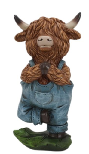 Resin Yoga Highland Cow In Overalls