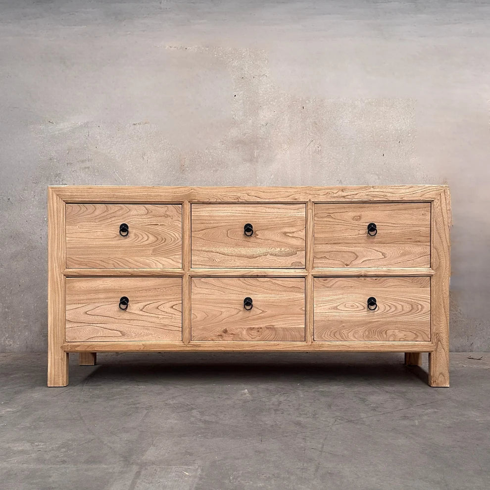 Elm 6 Drawer Natural Cabinet | 180cm