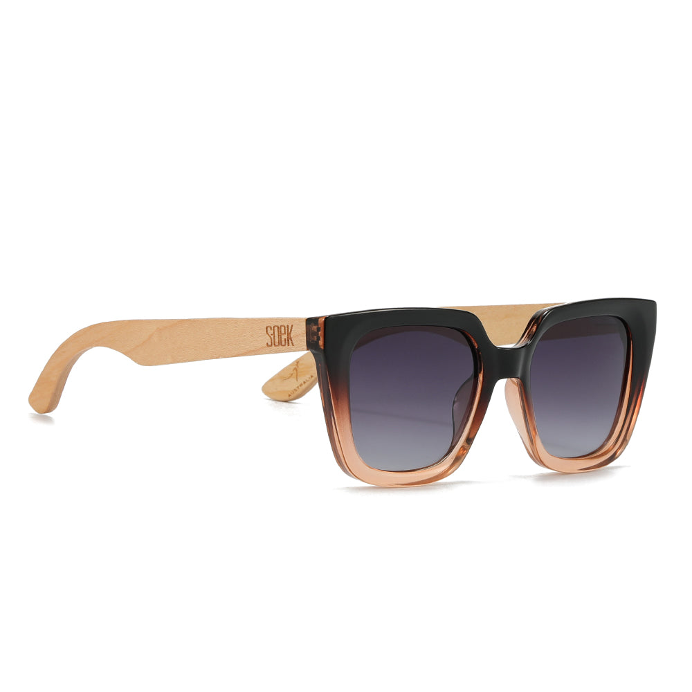 Soluna Ombre l Sunglasses l Black Polarised Lens l Walnut Maple Arm