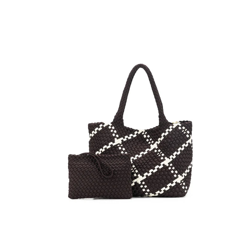 The Hampton 2 Piece Woven Neoprene Handbag | Chocolate And White