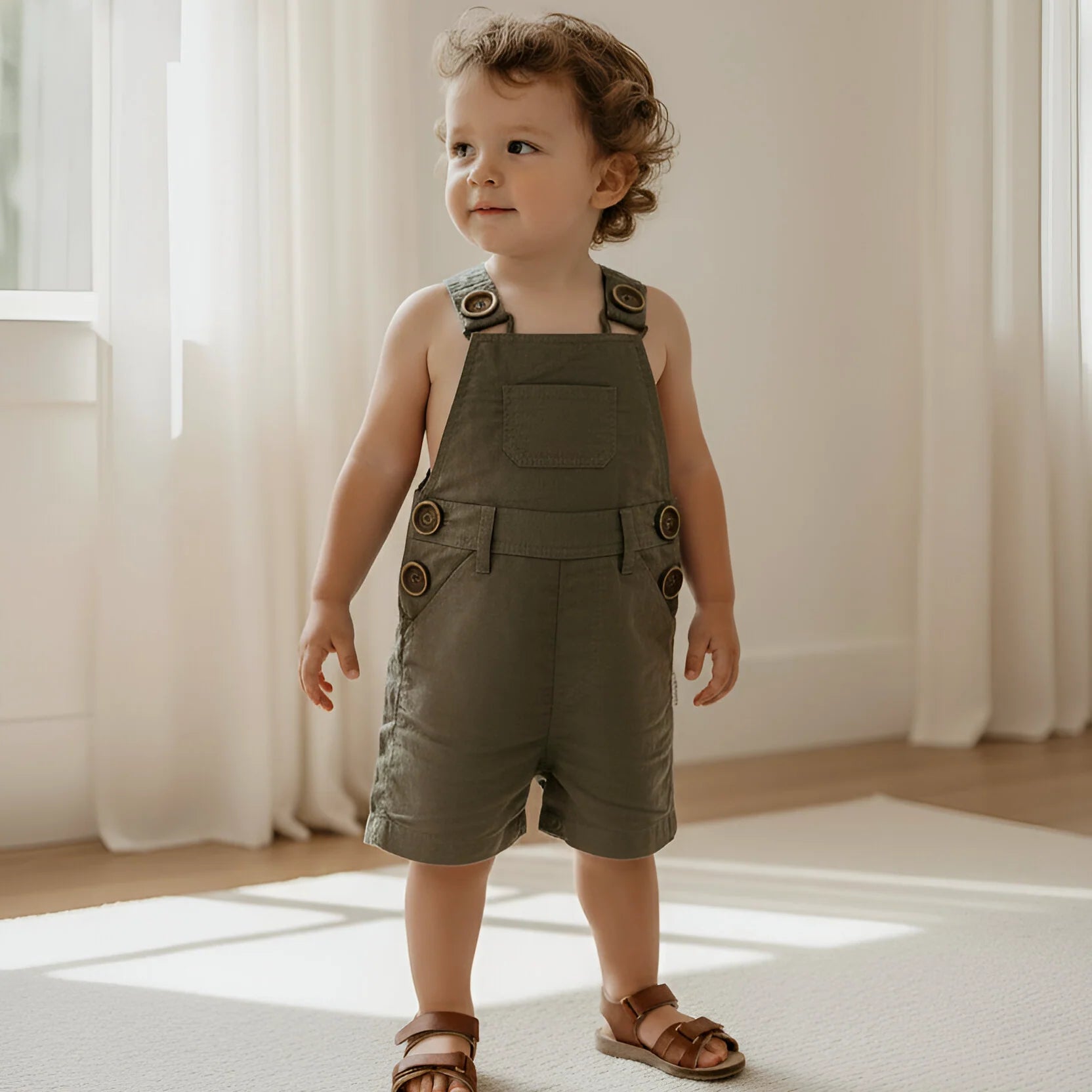 Baby Boys Roy Dungaree | Olive Brown Linen