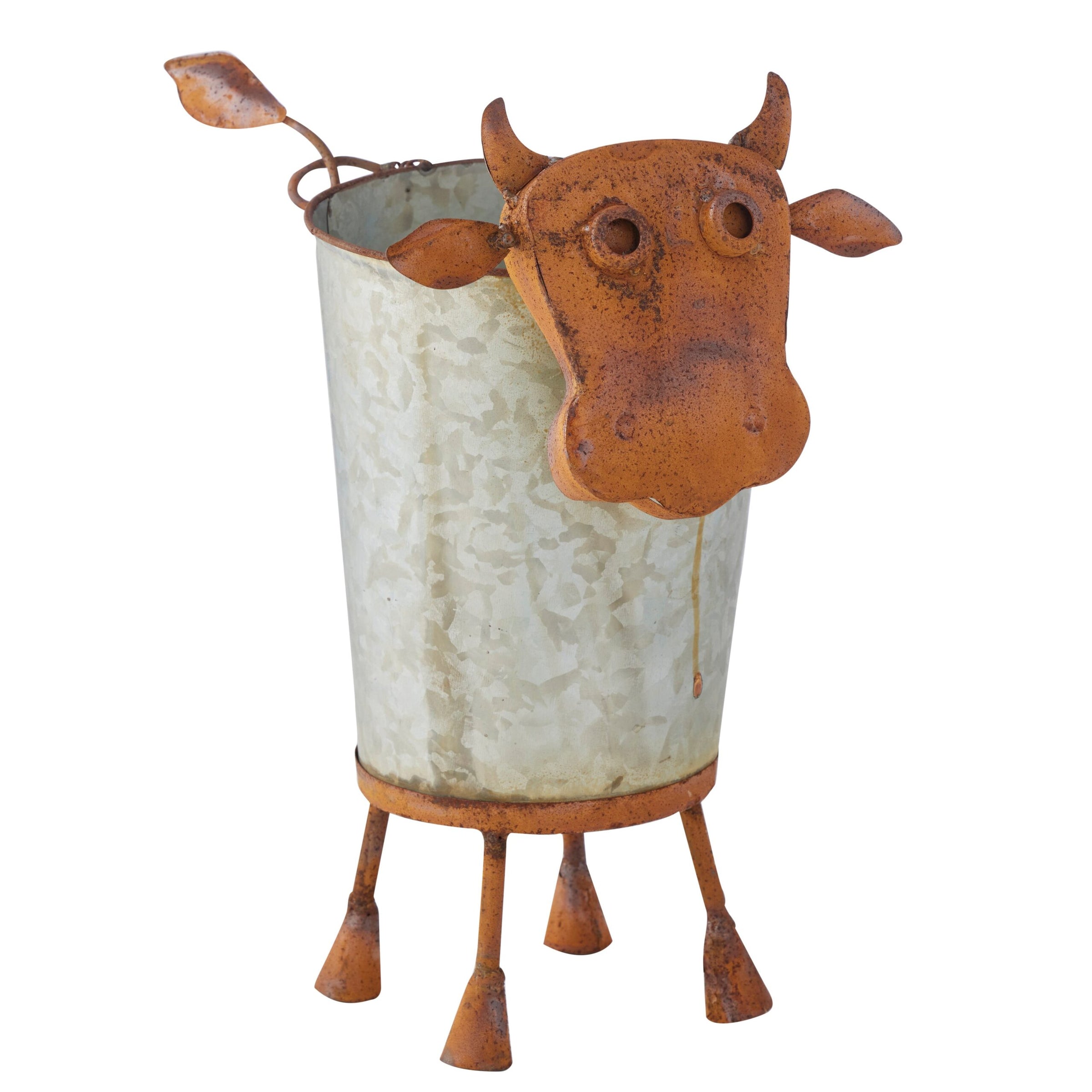 Rusty Cow Planter With Galvanised Pot