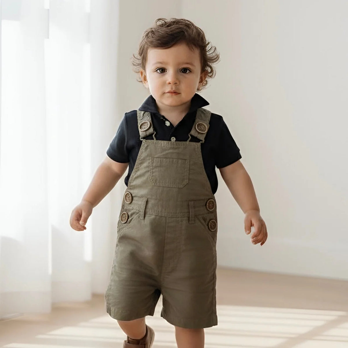 Baby Boys Roy Dungaree | Olive Brown Linen