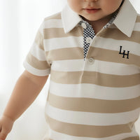 Baby Boys Rugby Polo Romper | Beige Stripe