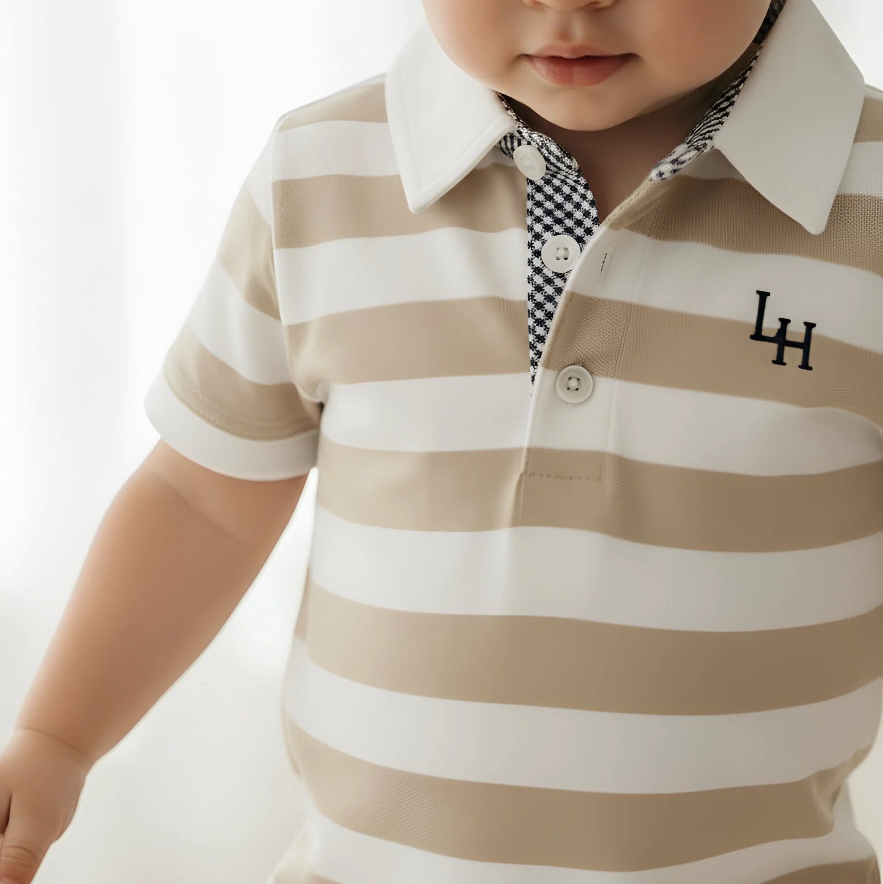 Baby Boys Rugby Polo Romper | Beige Stripe