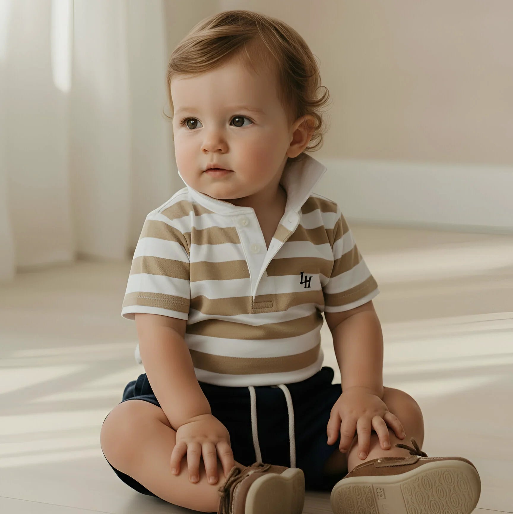 Baby Boys Rugby Polo Romper | Beige Stripe