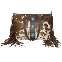 Langford | Cowhide Big Bag With Turquoise Stonework and Fringes