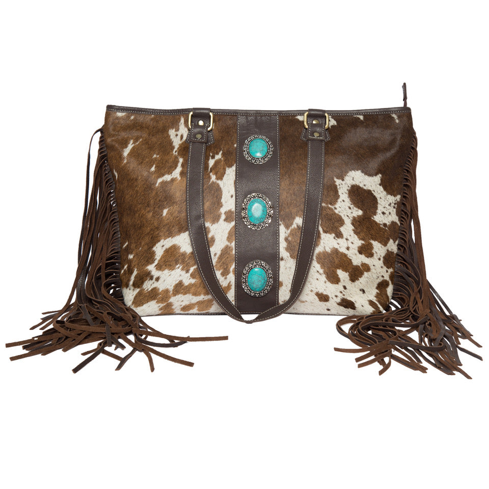 Langford | Cowhide Big Bag With Turquoise Stonework and Fringes