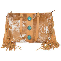 Langford | Tan & White Cowhide Big Bag With Turquoise Stonework and Fringes