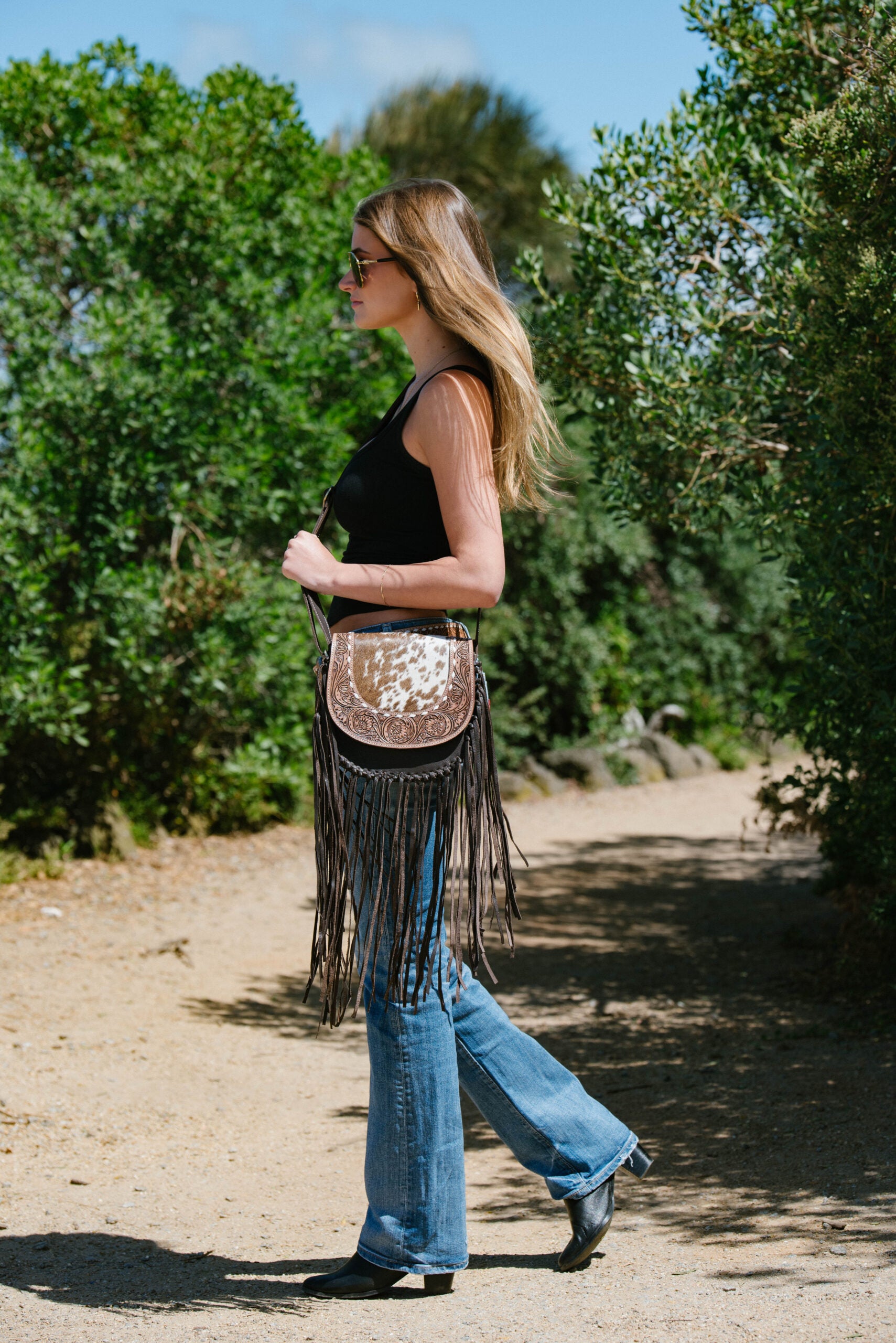 Cumana Tooled Cowhide Flap Bag with Fringes