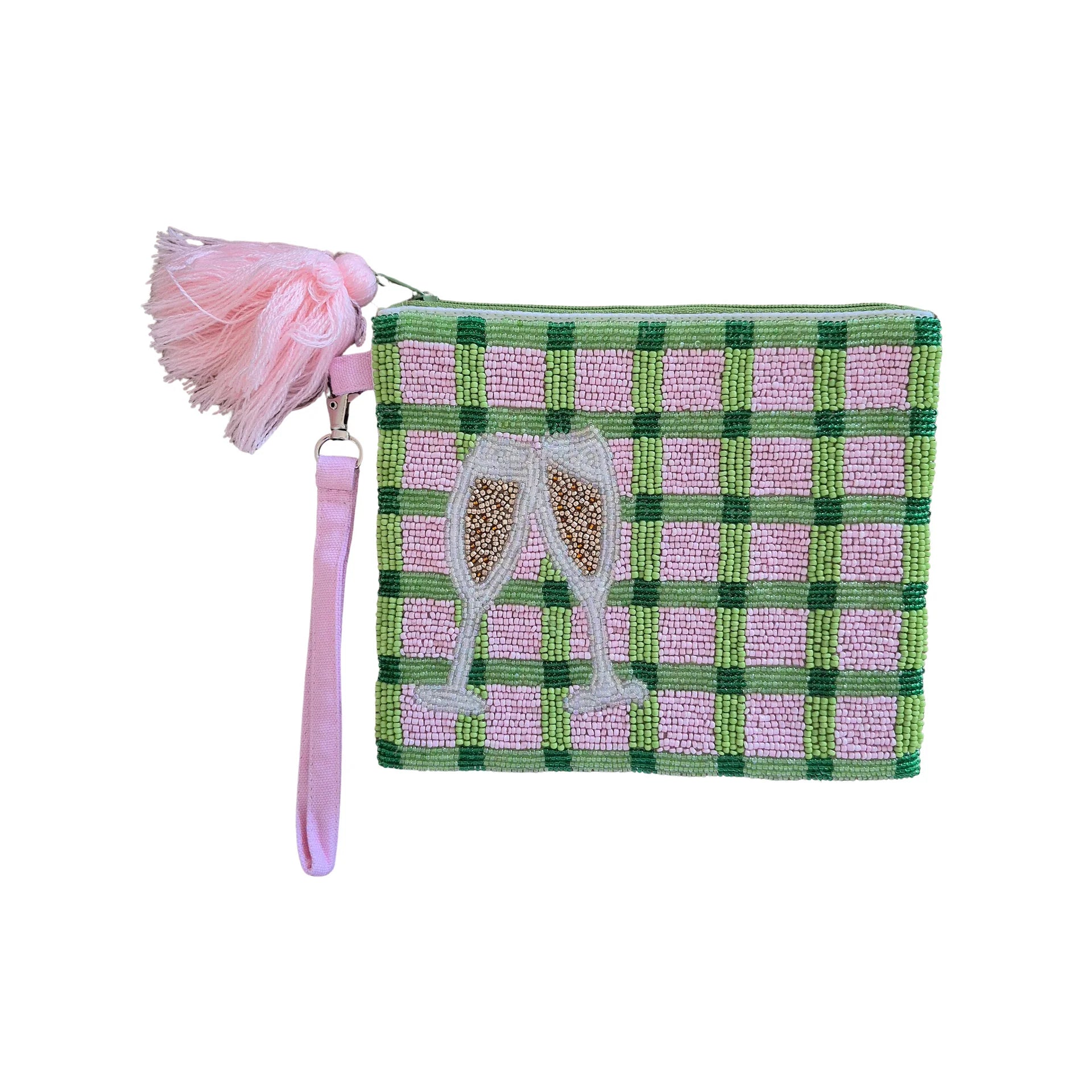 Beaded Clutch | Green Pink Check + Champagne Glasses