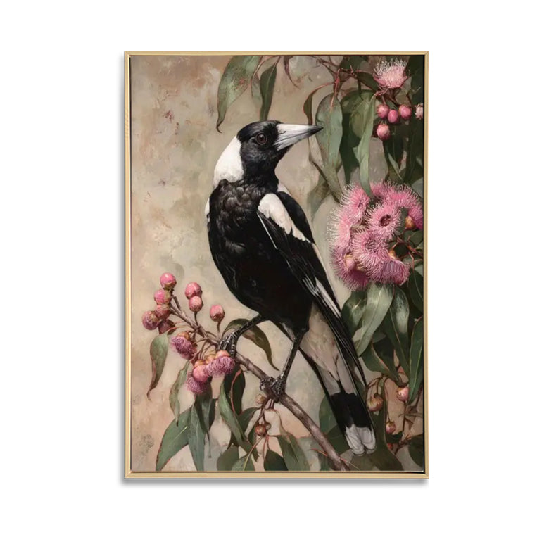 Magpie With Pink Gum Nuts Brushed Canvas Print