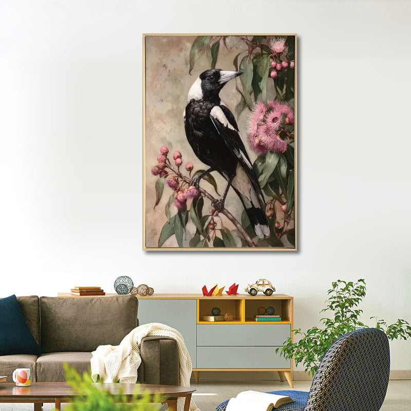 Magpie With Pink Gum Nuts Brushed Canvas Print