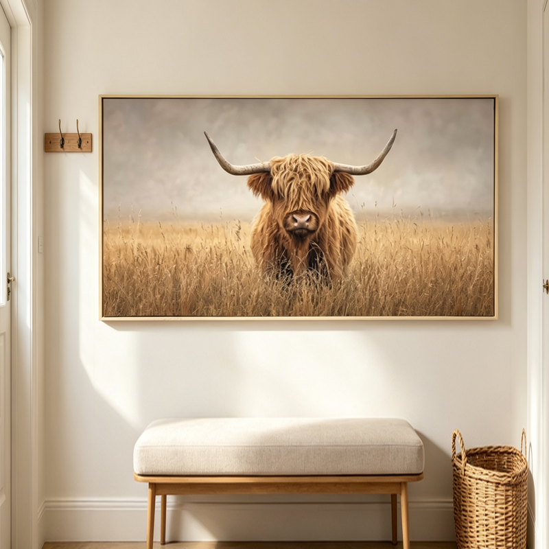 Misty Dawn Highlander Brushed Canvas Print