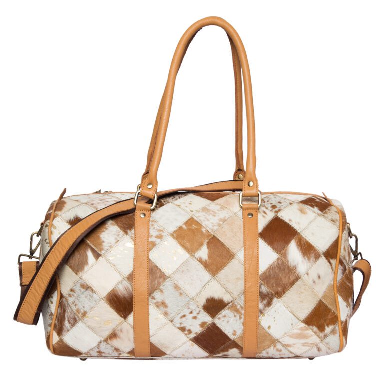 Tan and White Patchwork Cowhide Travel Bag