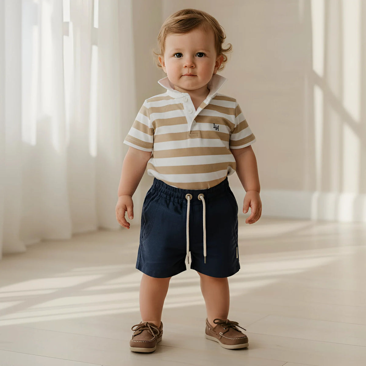 Baby Boys Rugby Polo Romper | Beige Stripe