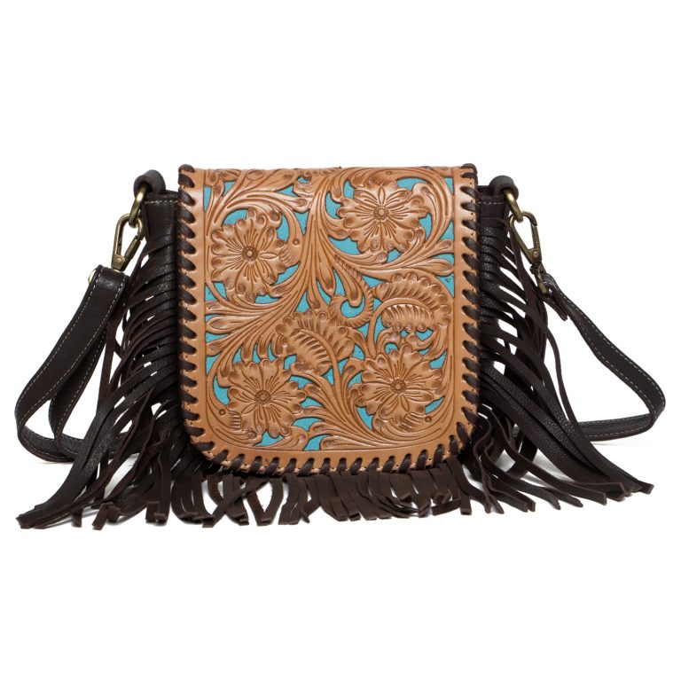 Oman Tooling Leather Hand Carved Flap Sling Bag with Turquoise Base