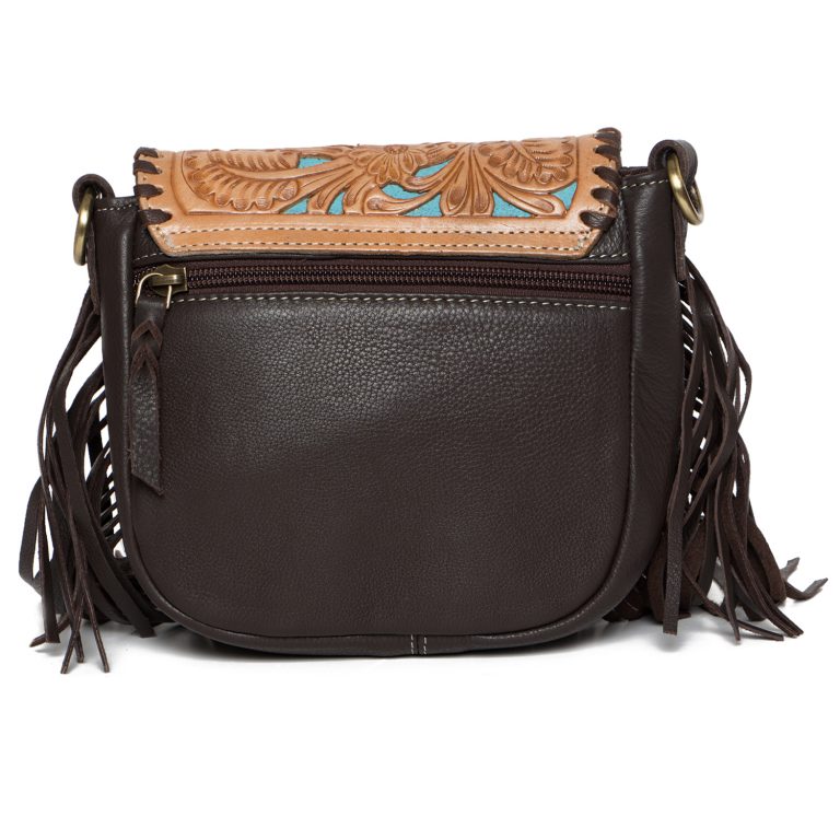 Oman Tooling Leather Hand Carved Flap Sling Bag with Turquoise Base