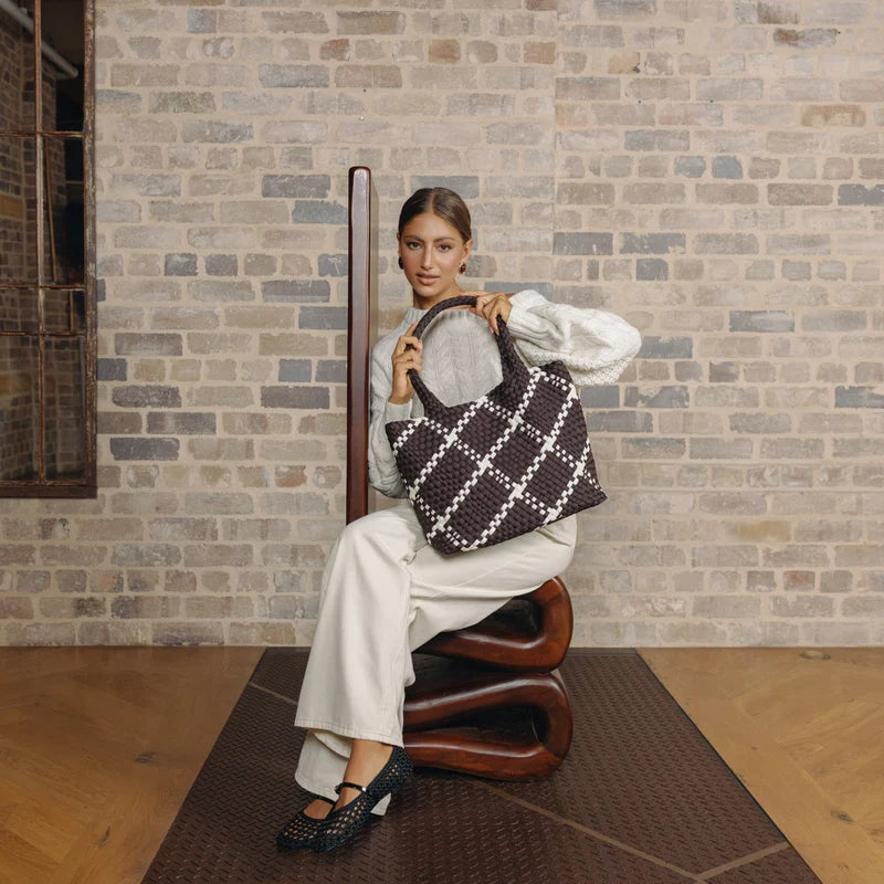 The Hampton 2 Piece Woven Neoprene Handbag | Chocolate And White