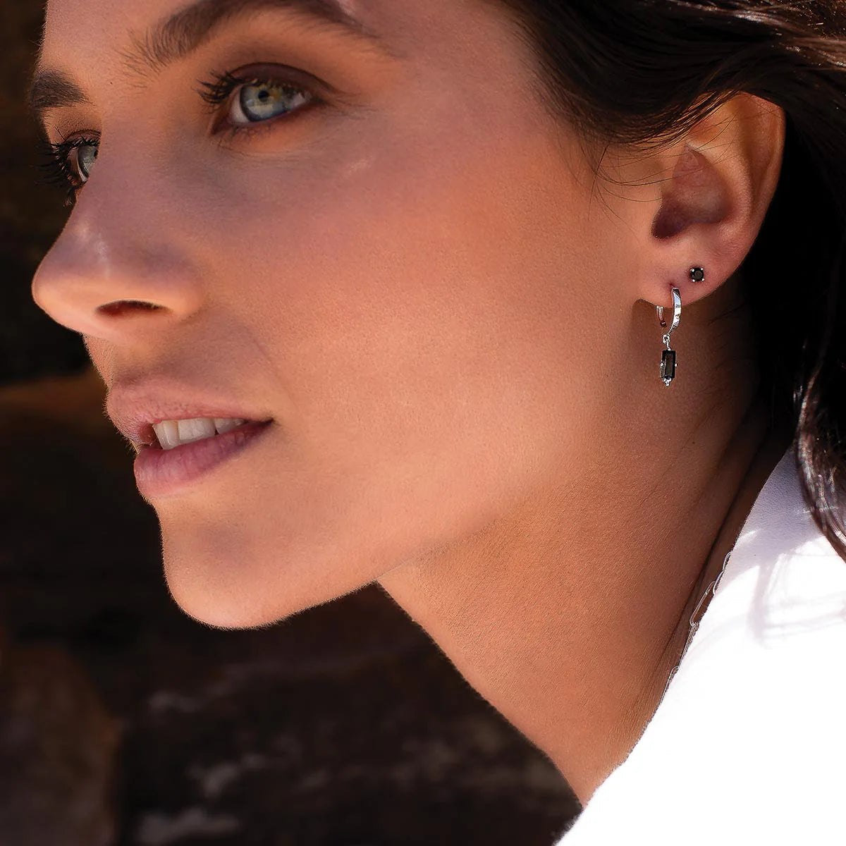 Huggies Hanging Black Spinel Baguette | Sterling Silver