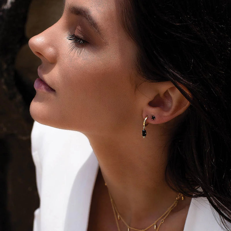 Huggies Hanging Black Spinel Baguette | 18KT Yellow Gold Plate