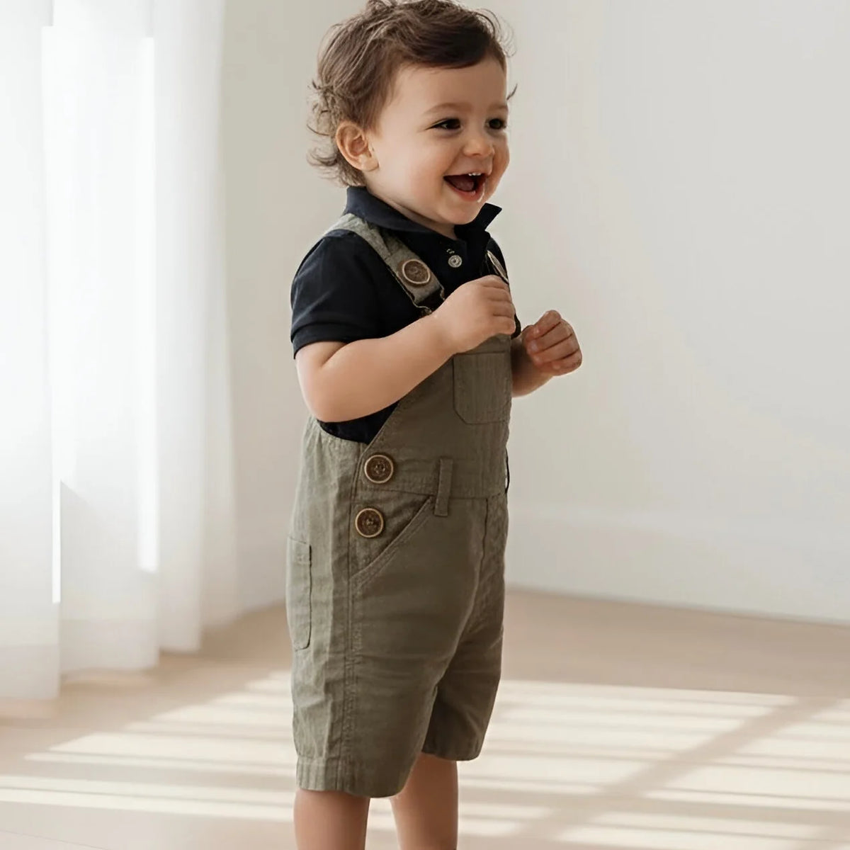 Baby Boys Roy Dungaree | Olive Brown Linen
