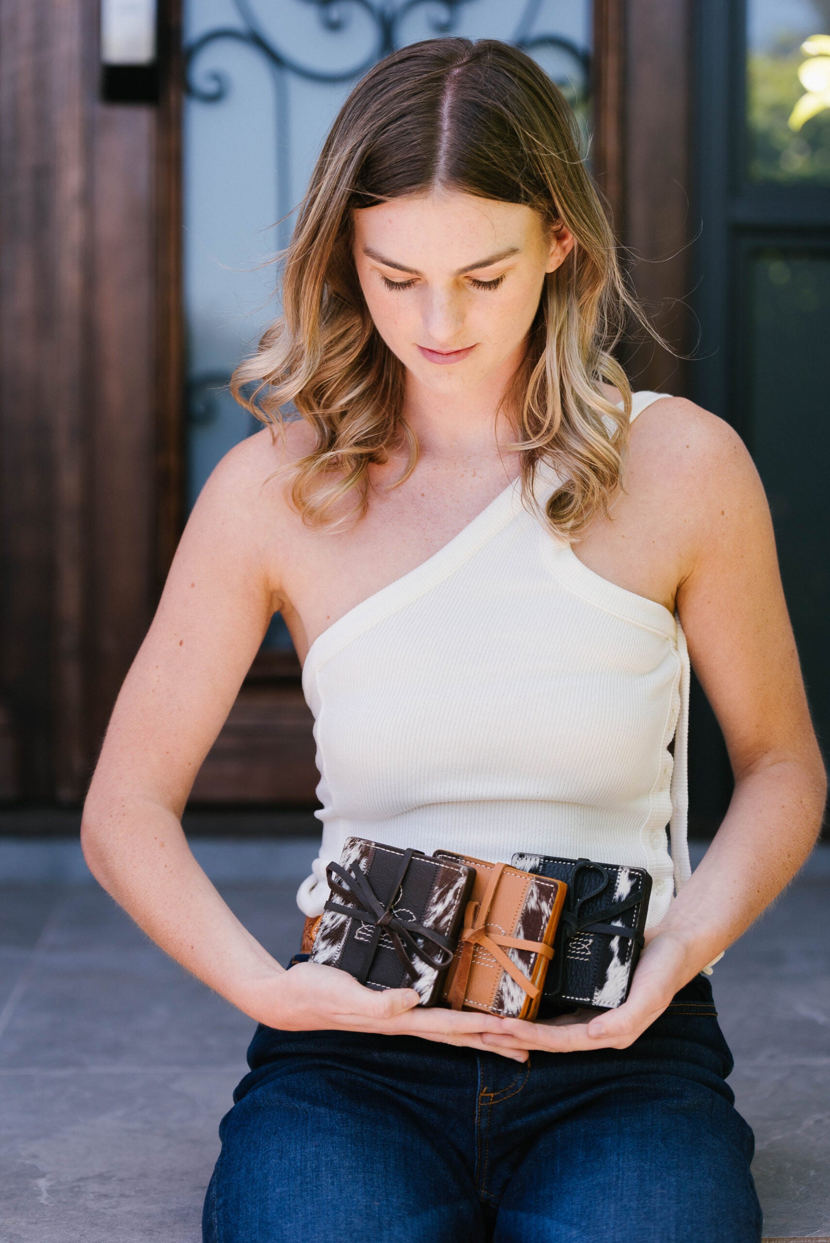 Boot Stitch Cowhide & Leather Coaster Set of 4